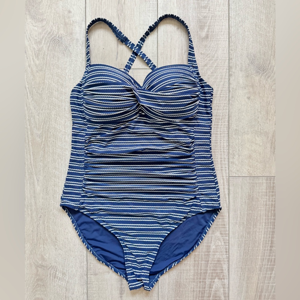 Nip Tuck Navy Striped One-Piece Swimsuit Sz 10 Nautical Preppy Summer Vacation